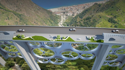 The Solar Wind bridge concept combines solar cells and wind turbines to generate power for...