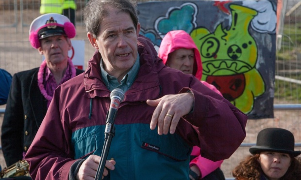 Jonathan Porrit talks to protesters at the  gates of Hinkley Nuclear power station,  at a march against the building of  Hinkley C power station, Somerset  and the UK government's choice of Nuclear power as the mainstay of England's power supply.