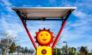 Solar filling station. An antique gas station pump converted to provide solar powered charing for electronic devices. Taken March 8, 2015, Davis, California.Solar energy power  solar power  PV  photovoltaic  "Solar Fillin